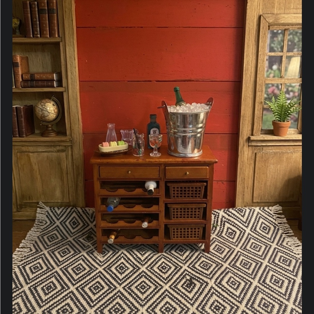 Dollhouse 1:12 Wooden Wine Storage Cabinet with Drawer and Baskets - Brown